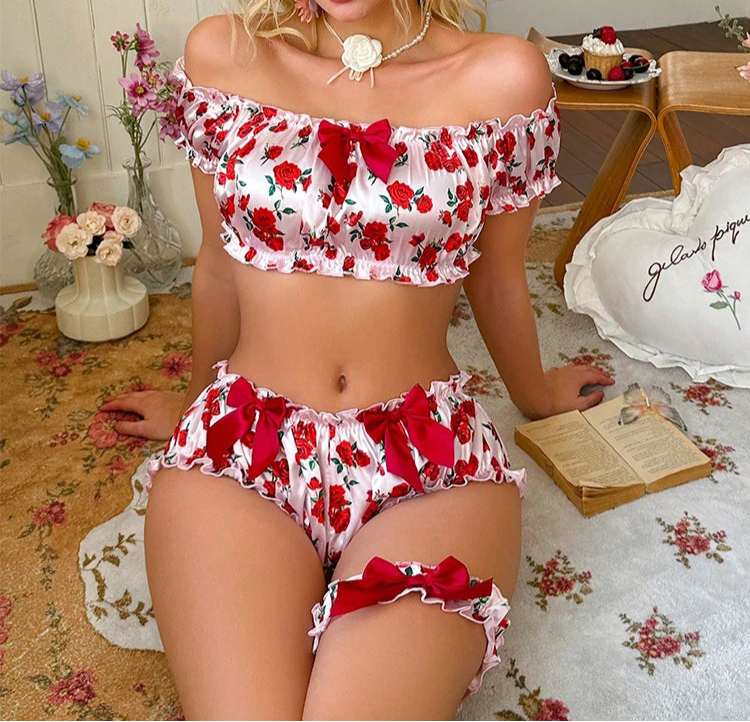 Sexy Rose Print 3-Piece Lingerie Set