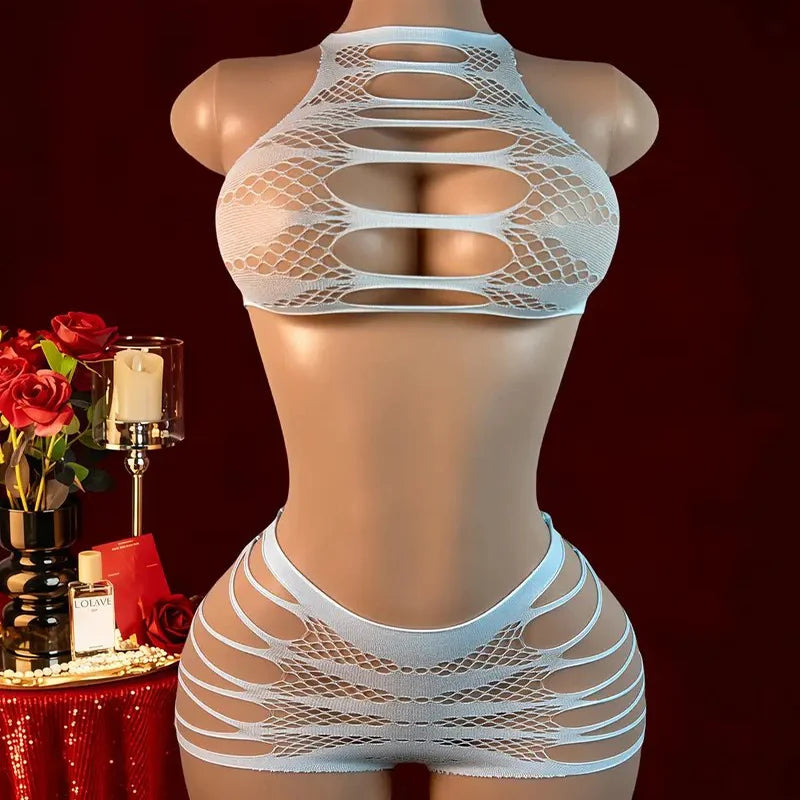 Women Fishnet Hollow Two Piece Lingerie Set