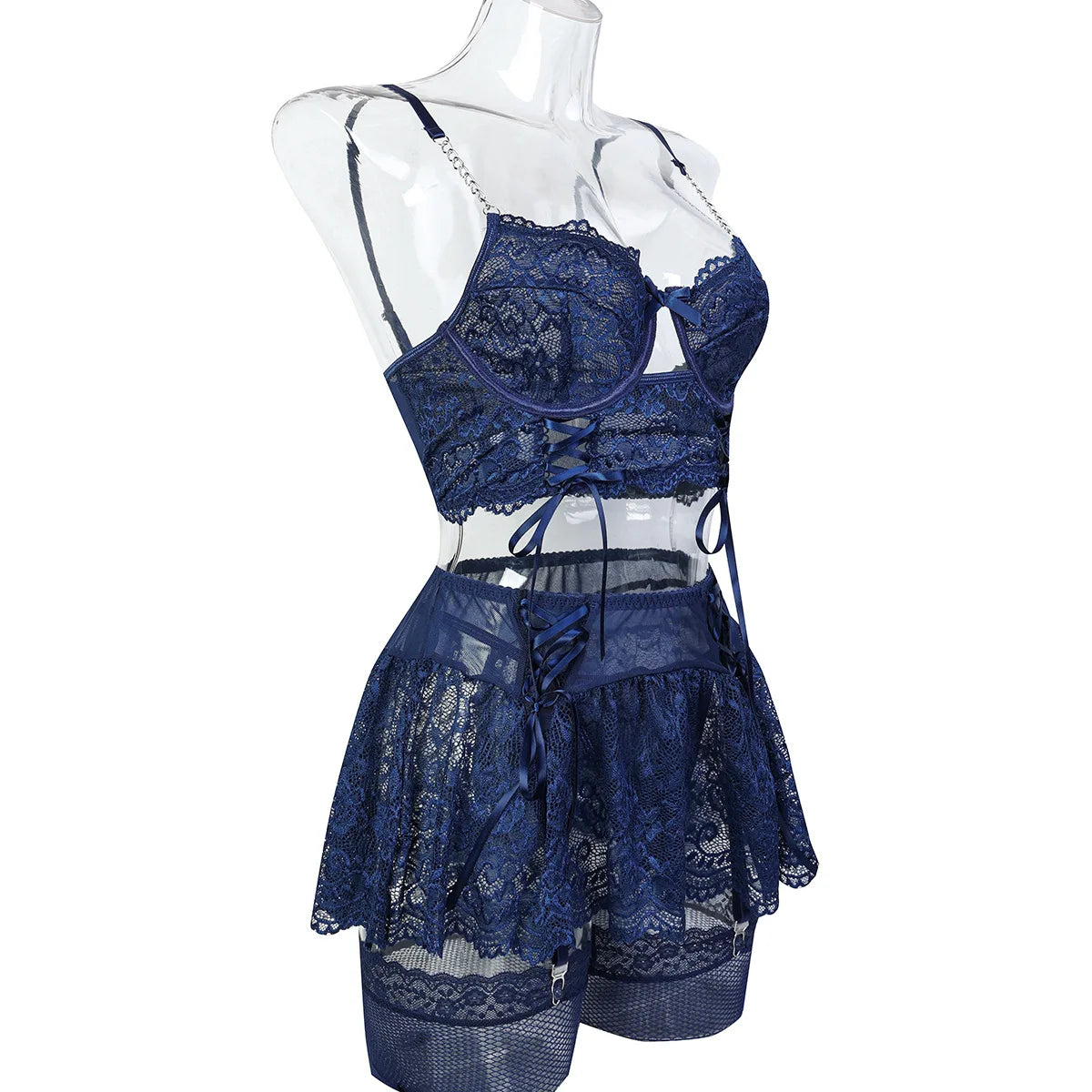 Blue lace lingerie set on a mannequin against a white background