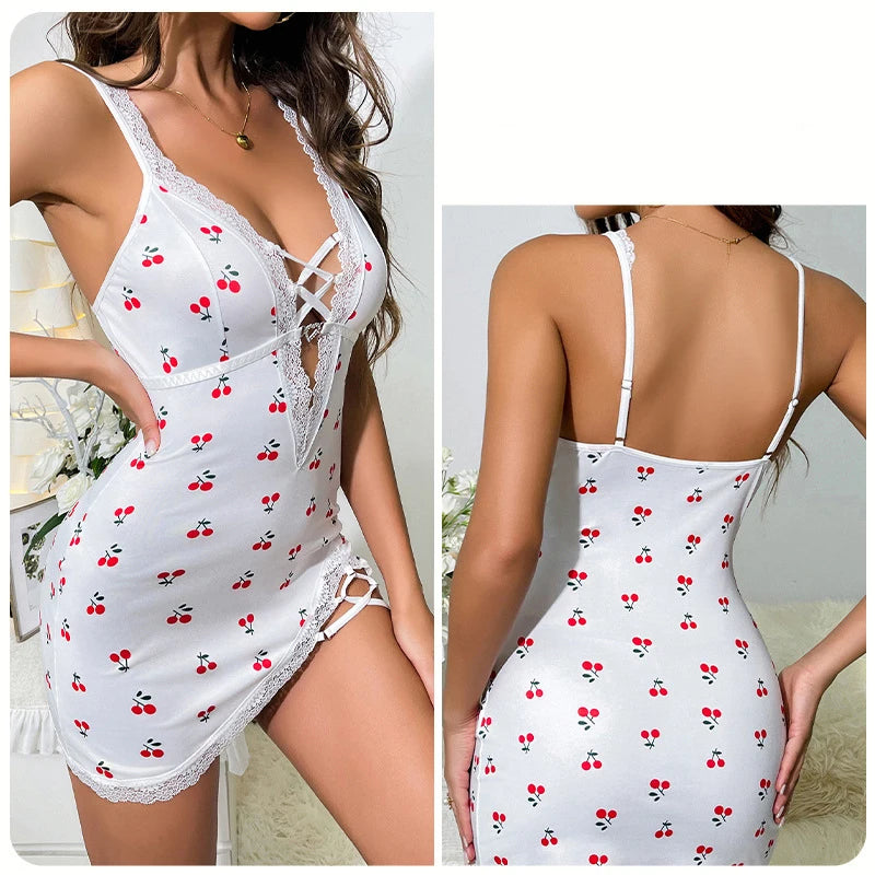 Cherry Print Lace Cami Nightgown