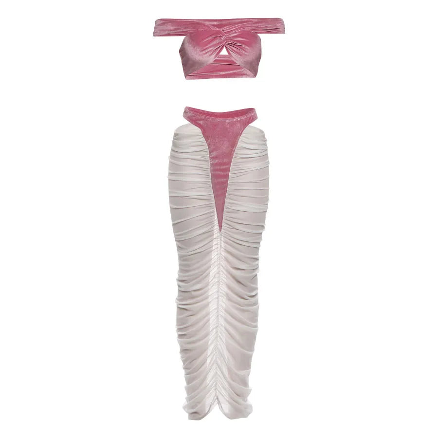 Pink top and white ruched skirt set on a white background