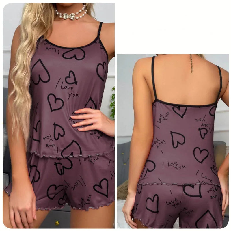 Women's Heart Print Satin Pajama Set