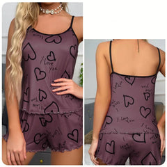 Women's Heart Print Satin Pajama Set