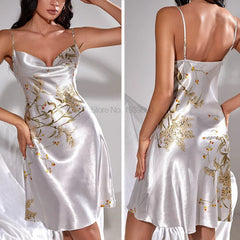 Satin Cherry Print V-Neck Nightgown