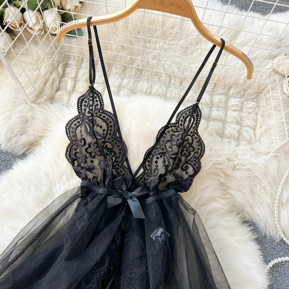 Sheer Lace V-Neck Shapewear Lingerie Dress
