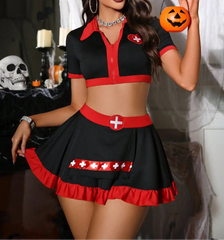 Woman in a Halloween-themed nurse costume holding a pumpkin bucket.