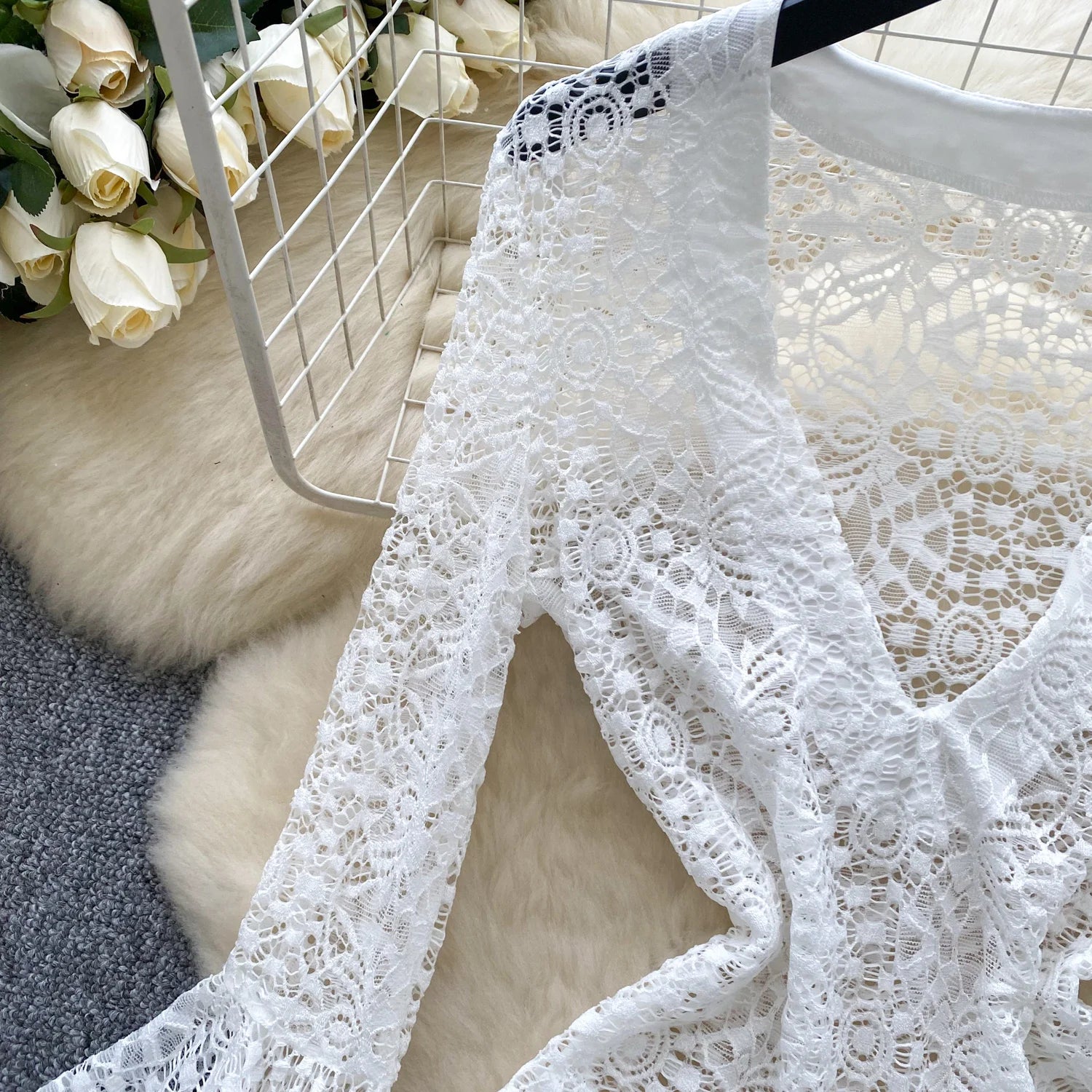 Lace Hollow Out Bodycon Dress – Flare Sleeve & Sheer V-Neck