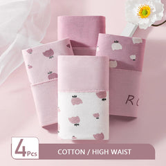 Set of four pink and white patterned cotton high-waist products on a light pink background with a flower.
