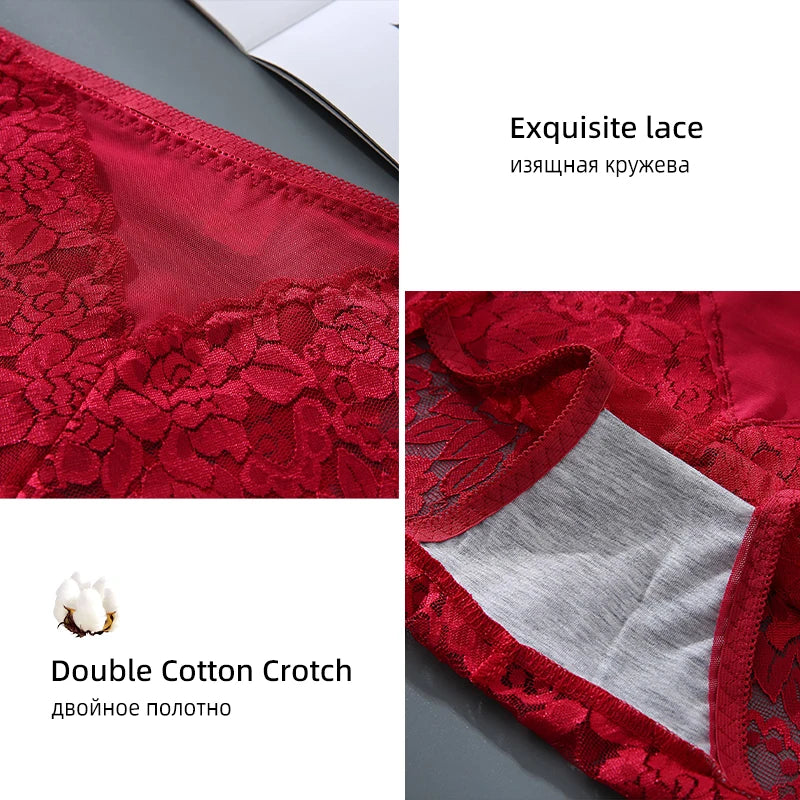 Red lace panties shown in a collage with close-up views of the lace trim and a white inner cotton crotch panel. Text on the image reads 'Exquisite lace' and 'Double Cotton Crotch'.