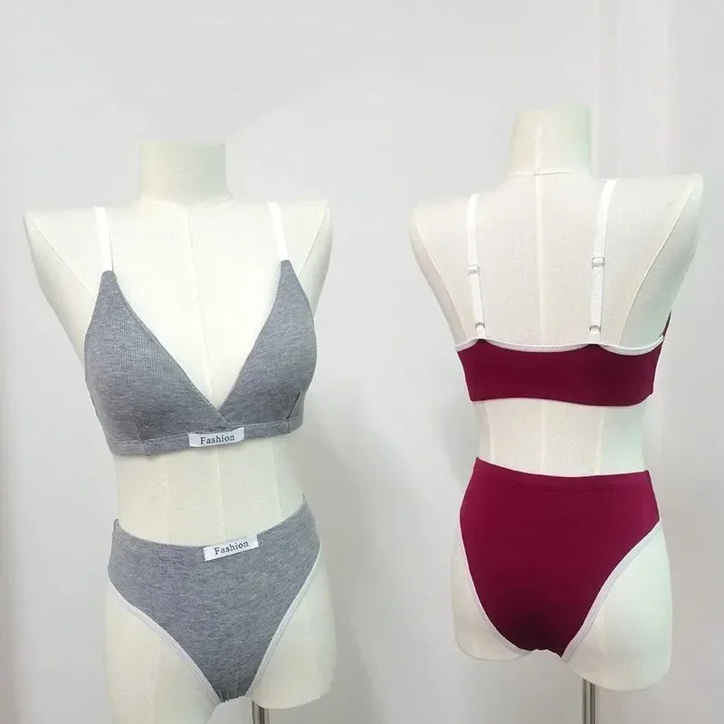 Gray bra and panties set on a mannequin, maroon swimsuit on another mannequin against a white background