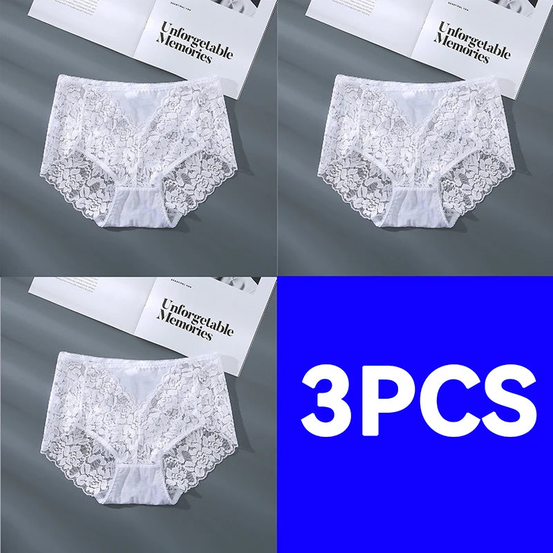 Four-panel collage showing the same white lace underwear bottom laid flat on a gray surface, with a white magazine or booklet and a large blue panel reading '3PCS'. No person, animal, or real environment is present, so this is Product/Packaging rather than Lifestyle.