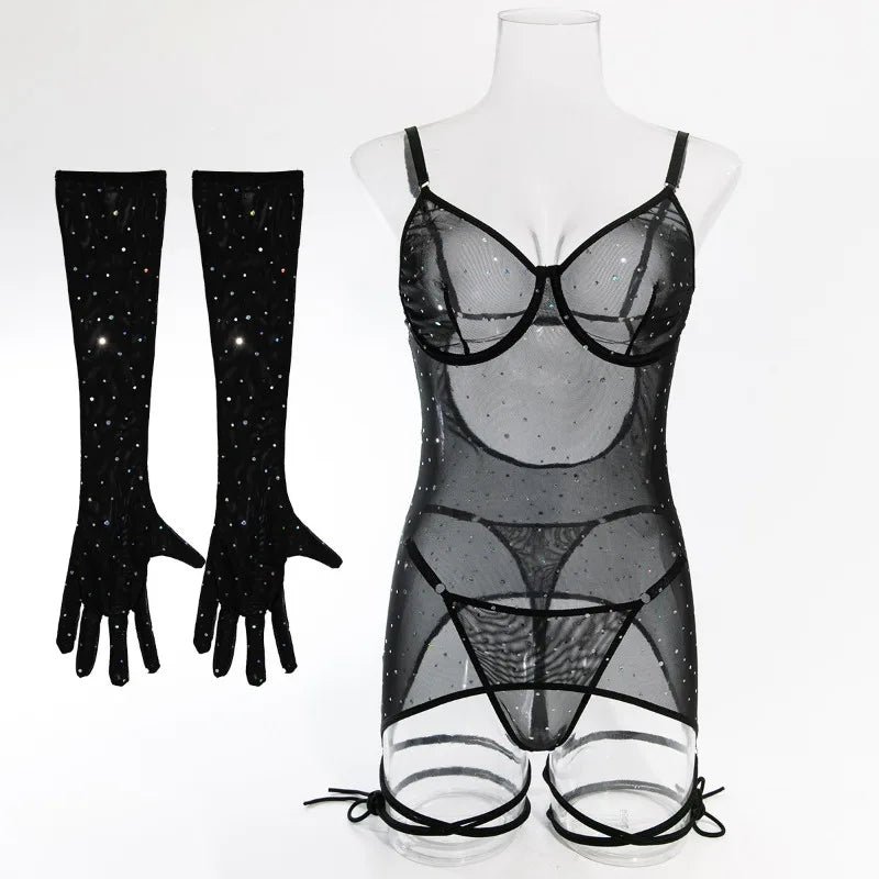 Black sheer bodysuit with matching gloves on a mannequin against a white background
