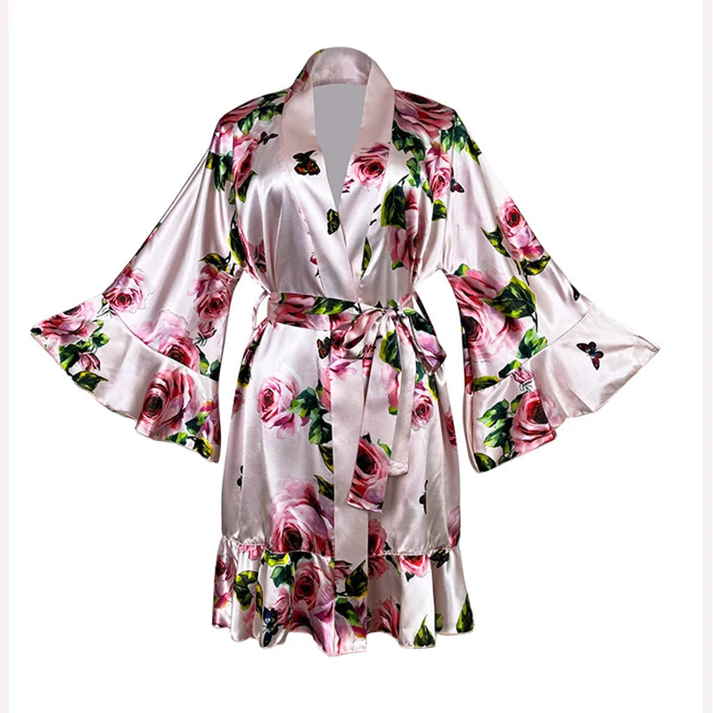 Women's Satin Robe & Nightgown Set - Pink Rose Print