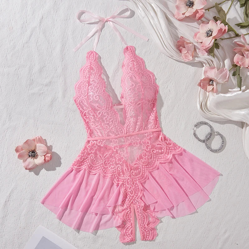 Women's Sexy See-Through Lace Flower Print Bodysuit Teddy Doll Dress Backless One-piece Deep V Open Bra Crotchless Lingerie Set