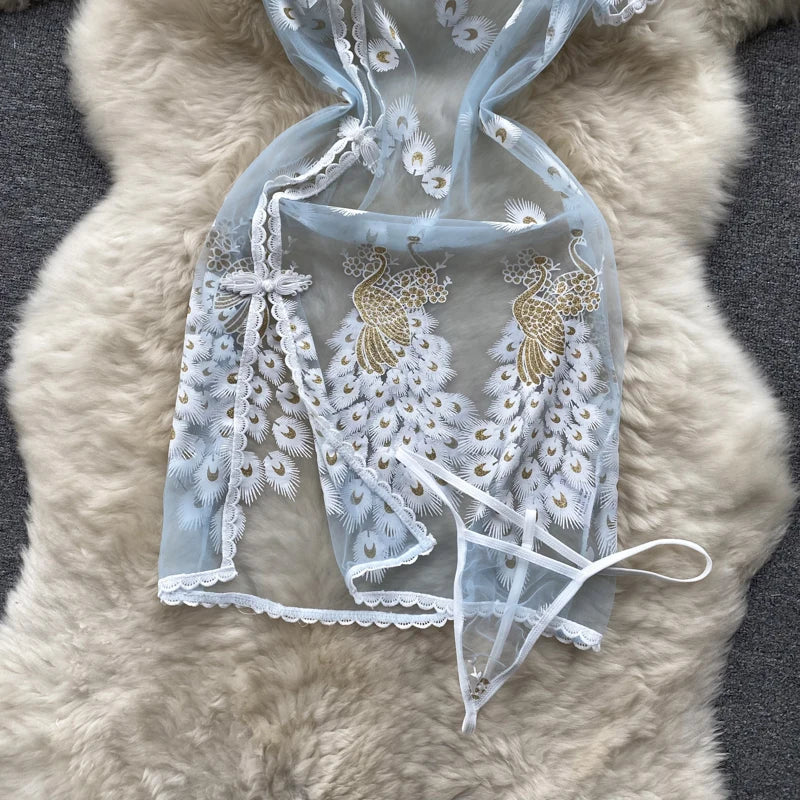 Chinese-Style Embroidered Sheer Lingerie Night Dress – Slim & Sexy