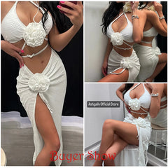 White two-piece outfit with floral details worn by a model, displayed in multiple angles.