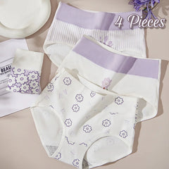 White women's underwear with purple floral patterns on a beige surface.