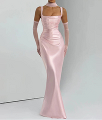 Satin Halter Lace-Up Maxi Dress