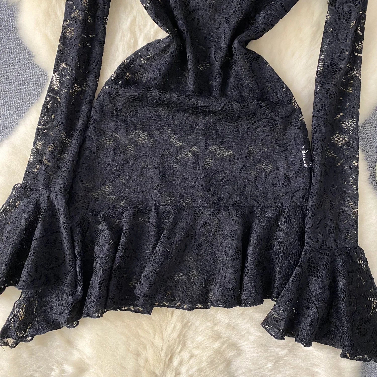 Sexy Sheer Lace Ruffle Dress – V-Neck & Long Sleeve Midi