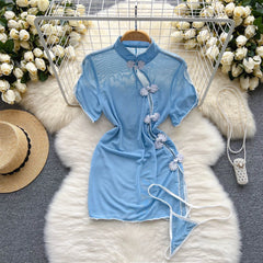 Retro Sheer Cheongsam Night Dress – Slim Fit Split Lingerie with Button Detail