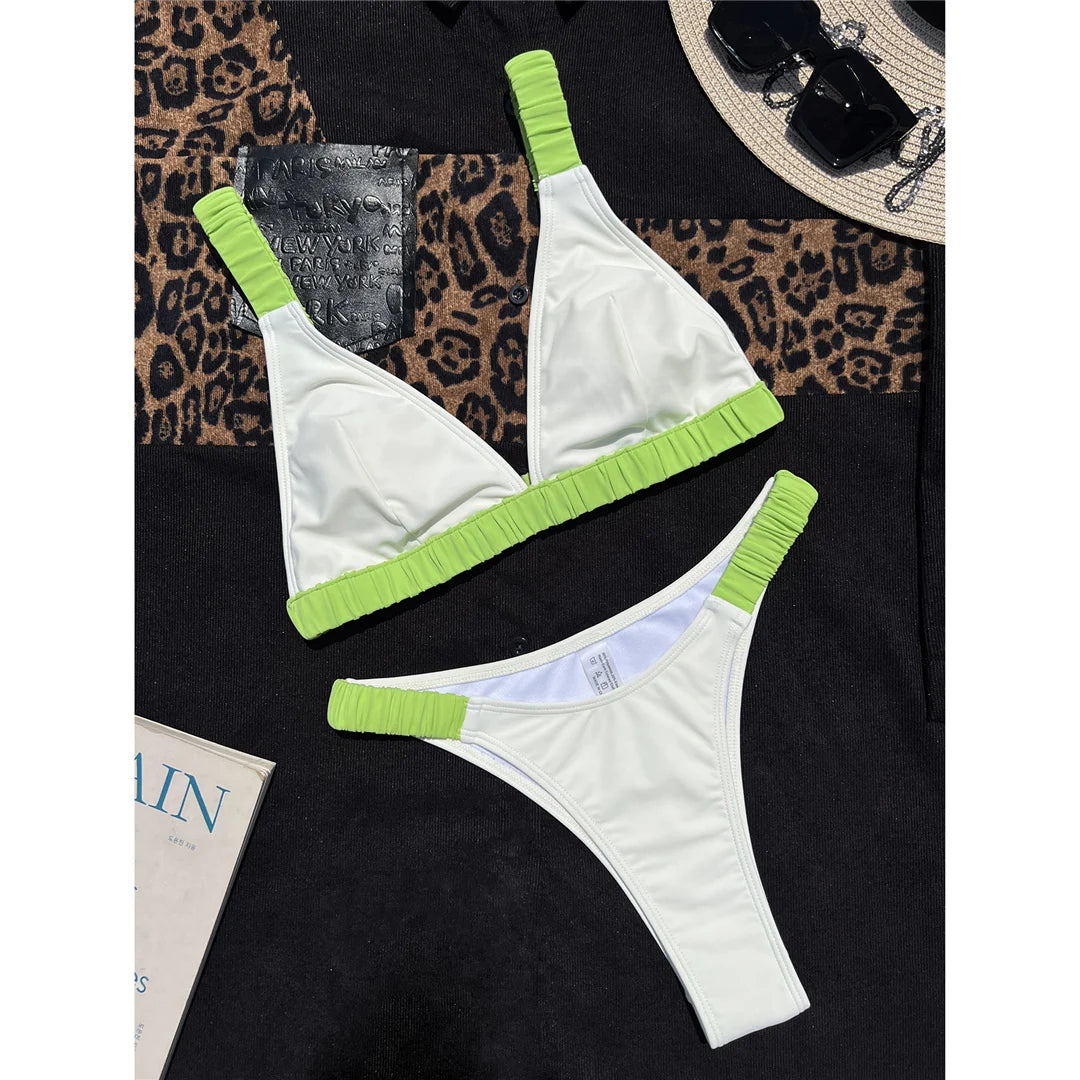V-Neck Splice Bikini Set – High-Leg Cut 2-Piece Padded Swimsuit