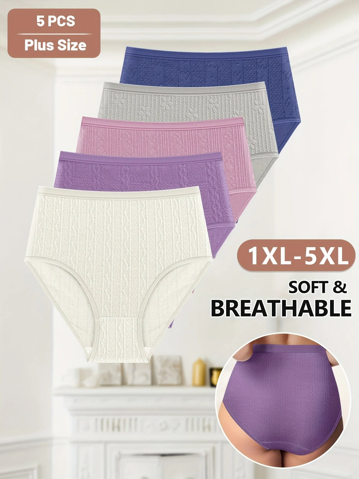 Set of plus size underwear in various colors with text indicating size range and comfort features.