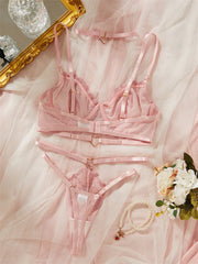 Romantic Pink Mesh Embroidered Lingerie Set