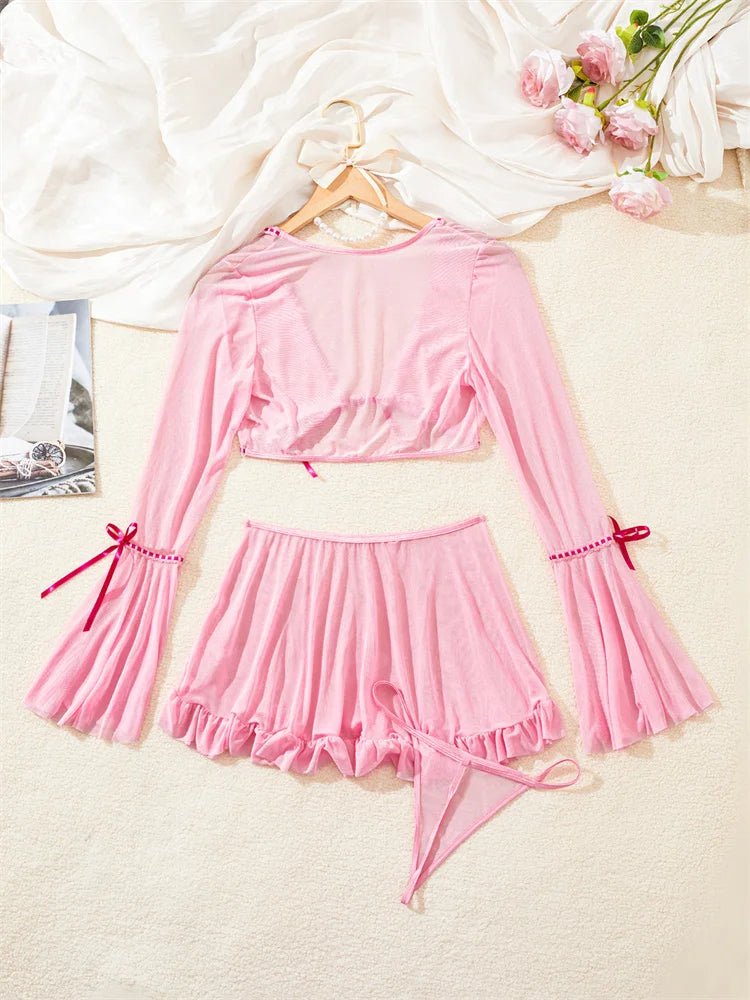 Pink Lingerie Set With Crop Top & Mini Skirt And G-string