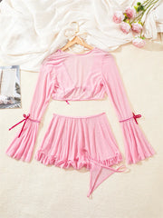 Pink Lingerie Set With Crop Top & Mini Skirt And G-string