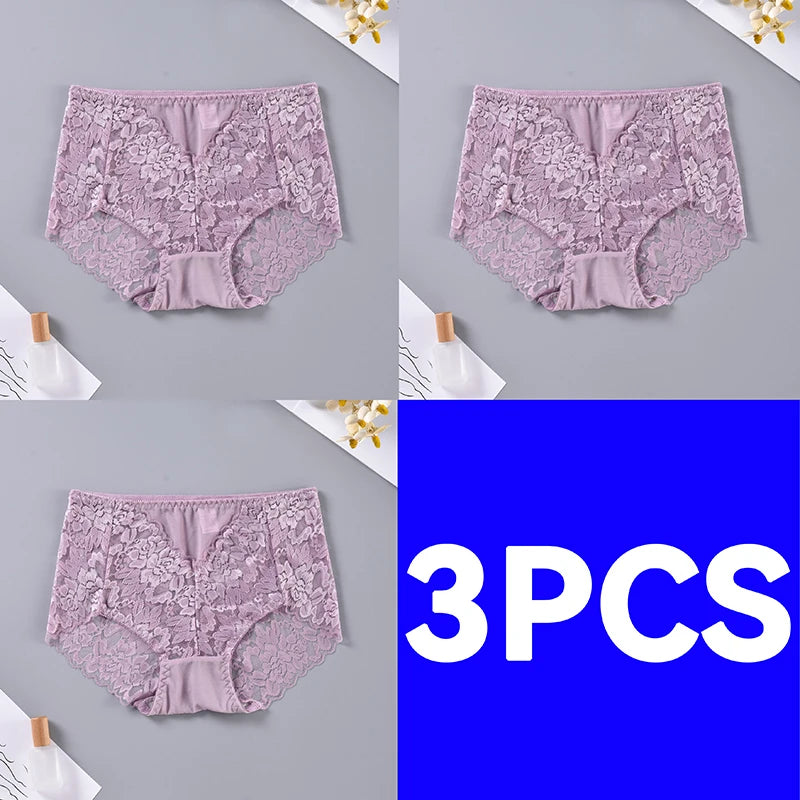 Three pairs of women's high-waisted lace briefs in a dusty lavender-purple color, arranged in a 2x3 grid with a blue panel on the bottom right reading '3PCS' in white text.
