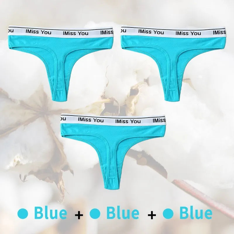 Three pairs of blue men's underwear with 'I Miss You' waistband on a white background.