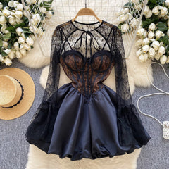 Chic Lace Strapless A-Line Dress – Full Sleeves & Puffy Skirt