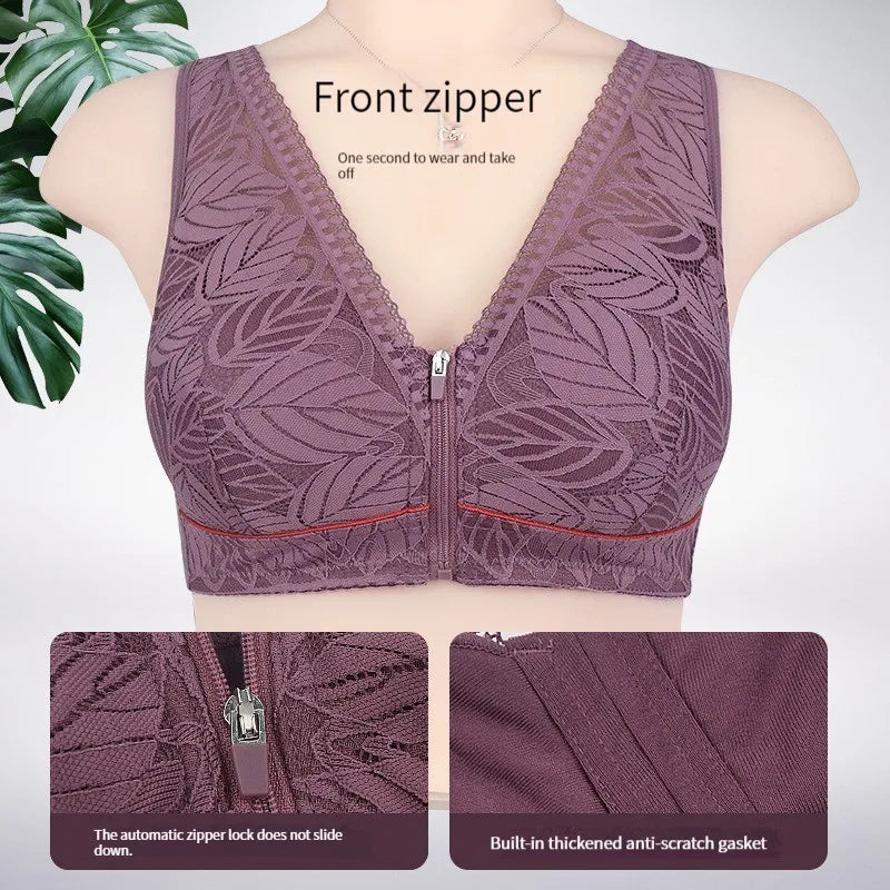 Purple lace bra with front zipper on a mannequin, featuring close-up details.