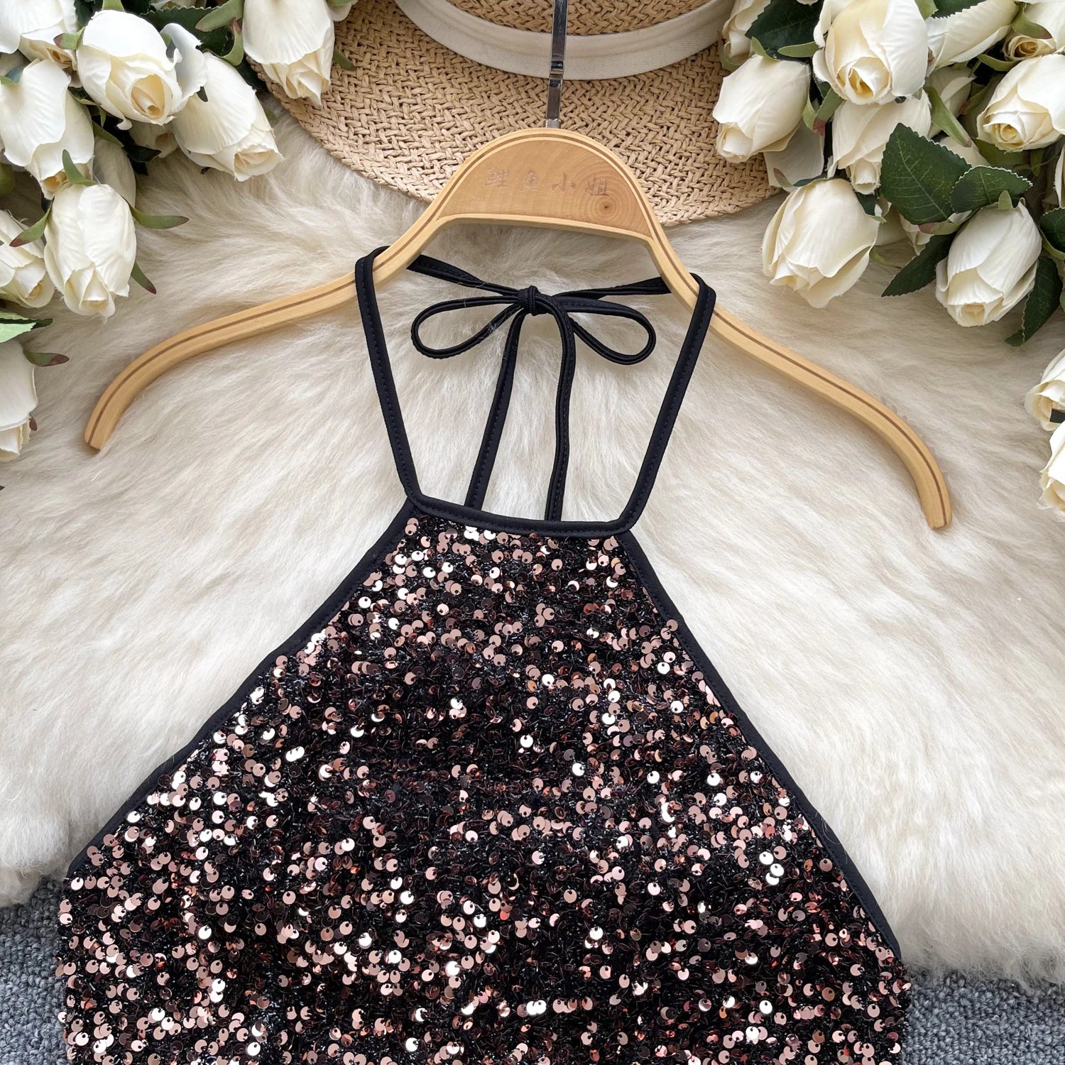 Shiny Sequined Halter Neck Top for Women