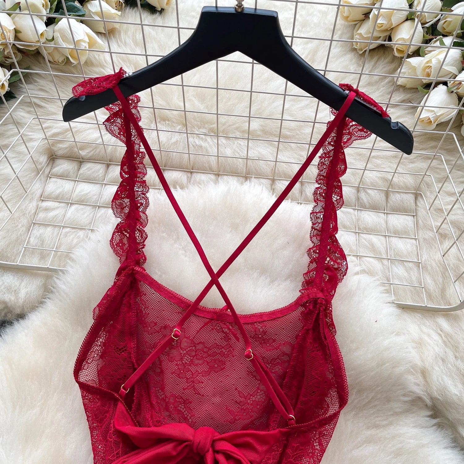 Sexy Lace Nightwear Dress – Ruffle Straps & Bow Back Design
