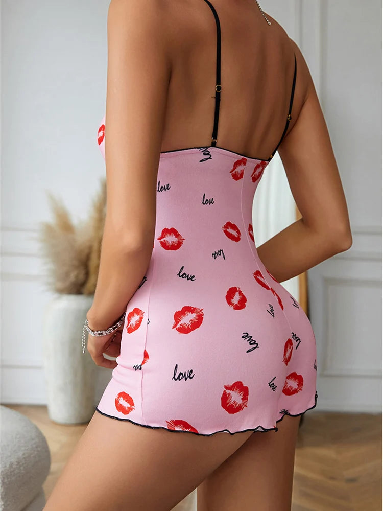 Red Lip Print Bodycon Pajama – Sexy & Comfy Sleepwear