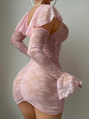 Ruffled Lace Babydoll Lingerie Set with Long Gloves – Sexy Nightwear