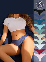 Woman wearing a white crop top and blue underwear with a side view of colorful underwear options on a navy background.