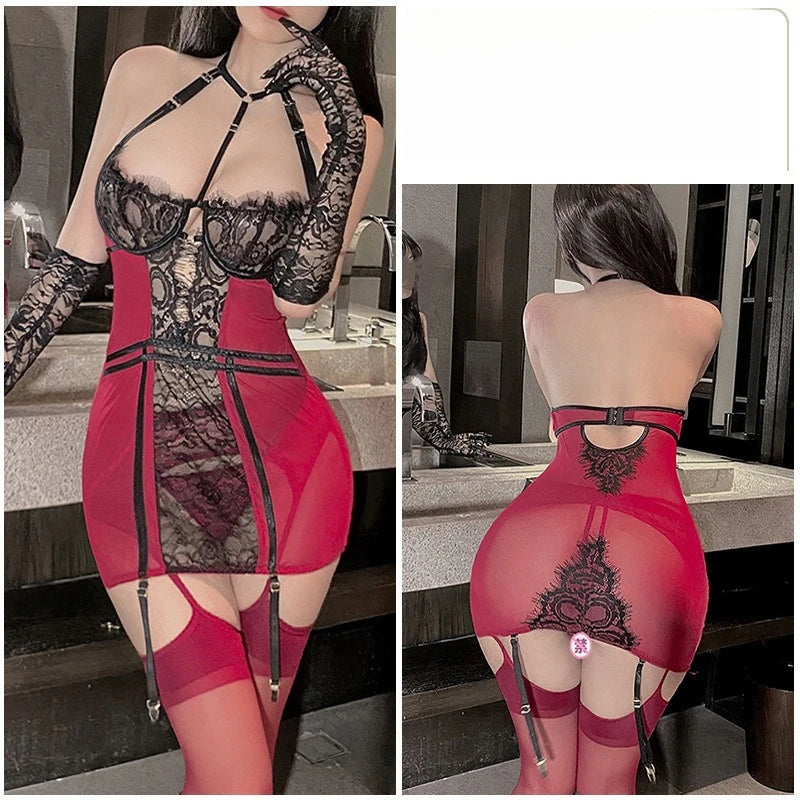 Red and black lace lingerie set with a woman modeling it.