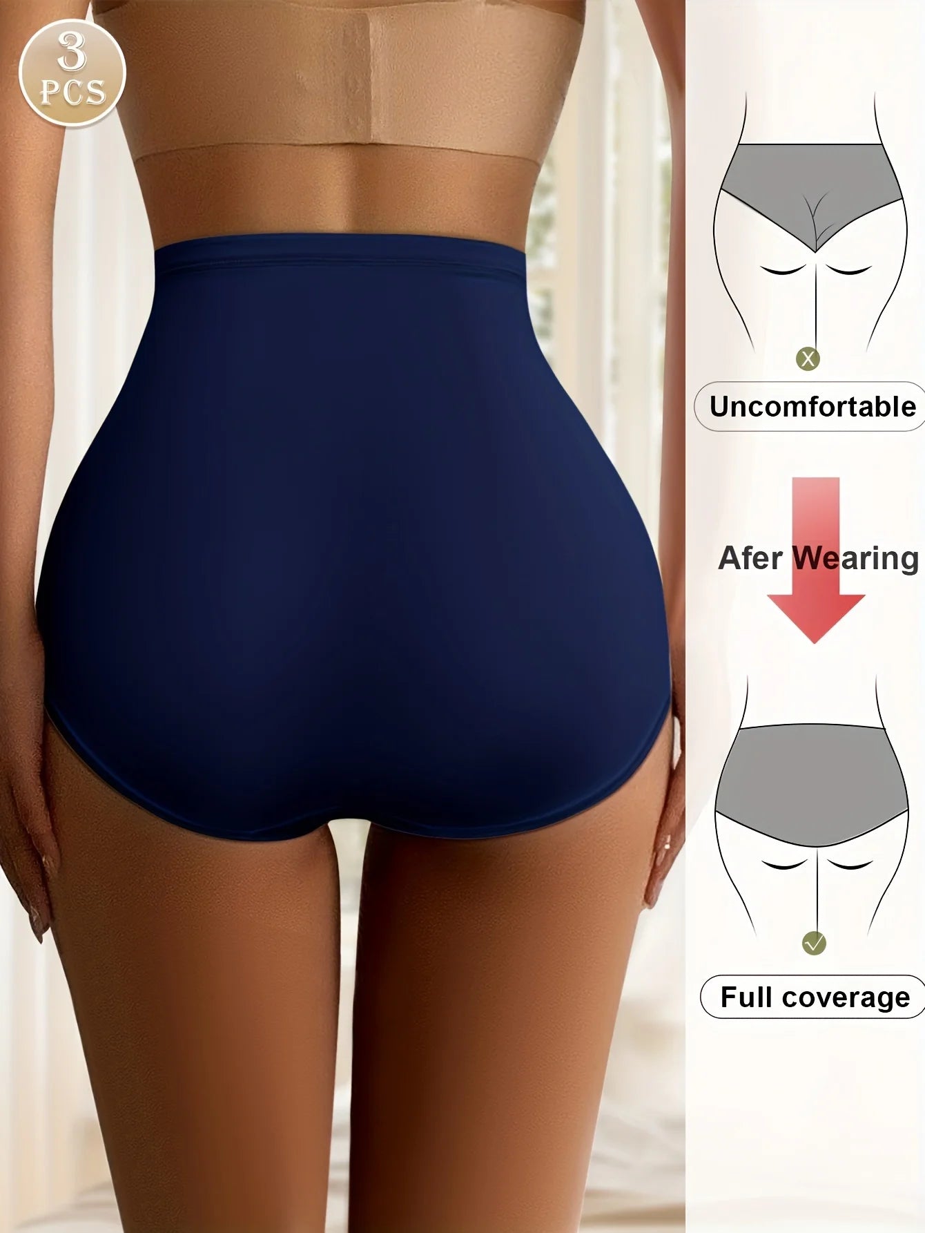 Navy blue high-waisted underwear worn by a person, with an inset diagram showing comfort improvement.