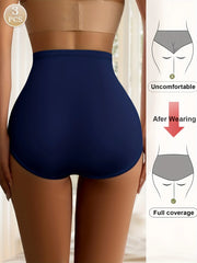 Navy blue high-waisted underwear worn by a person, with an inset diagram showing comfort improvement.