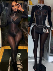 Women's Sheer Long-Sleeve High-Neck Fitted Jumpsuit