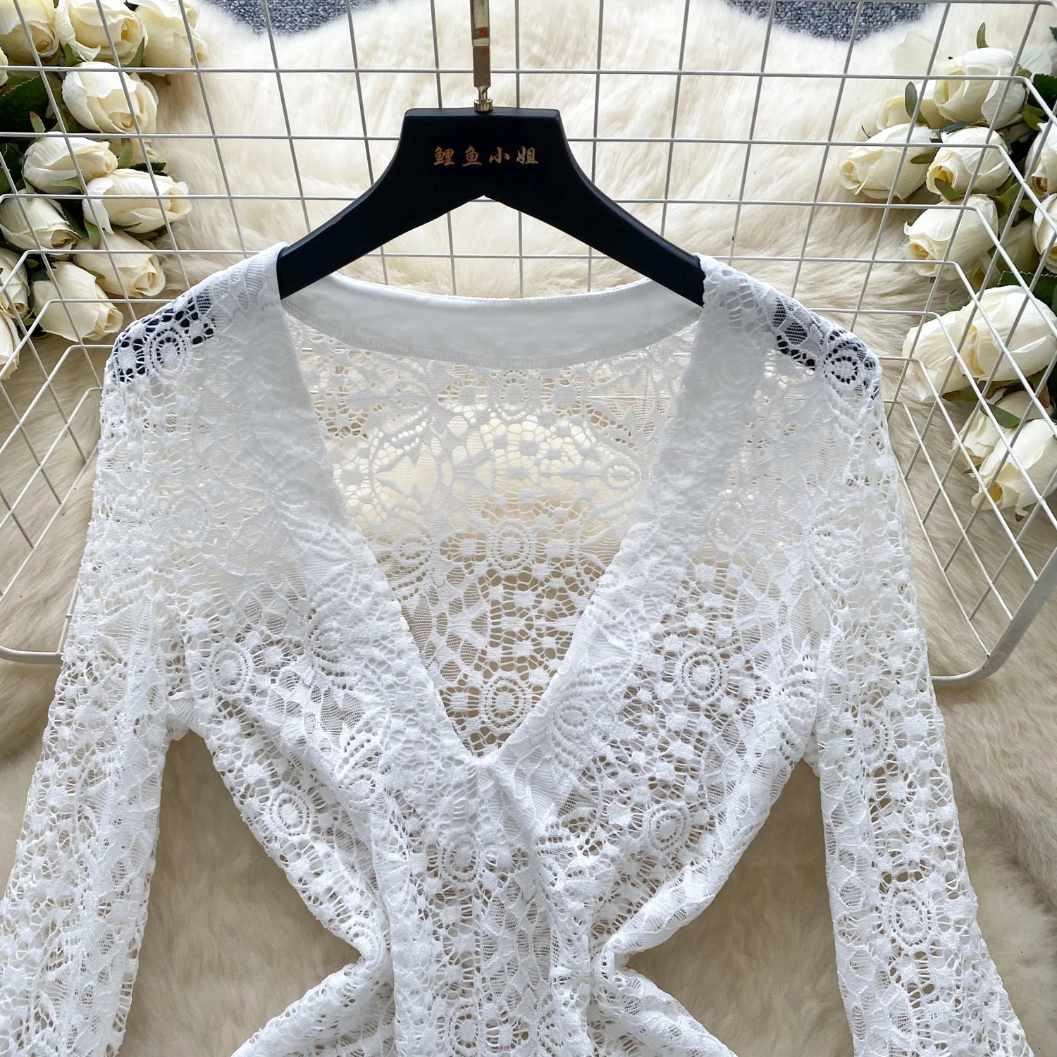 Lace Hollow Out Bodycon Dress – Flare Sleeve & Sheer V-Neck