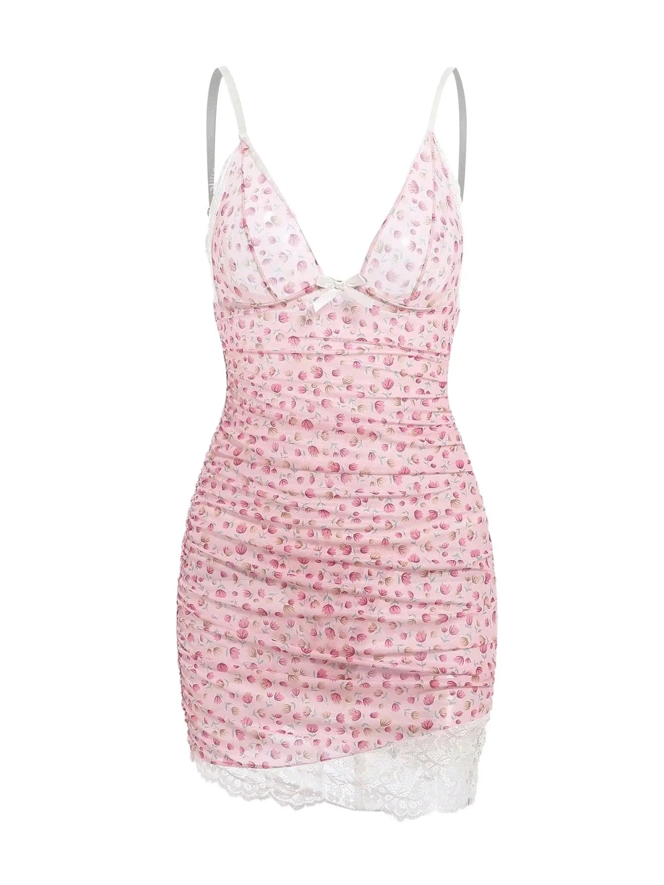 Pink floral nightgown with lace trim on a white background