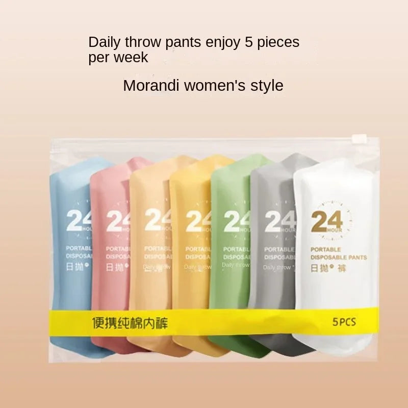 Pack of disposable women's pants with colorful packaging on a beige background