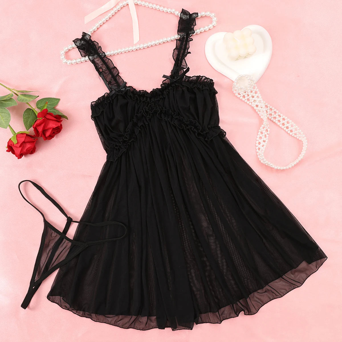 Women Sheer Ruffle Babydoll Nightgown Thong Set