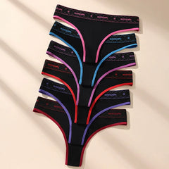 Six pairs of women's thong underwear arranged in a fan shape on a light beige background. Each pair is black with a different colored elastic waistband and side trim, including pink, blue, purple, red, and orange.