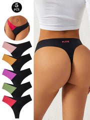 A collage showing a woman modeling black thong underwear from the back, with a white ribbed top visible. The left side includes a circular inset of another underwear colorway, a stack of six color options, and a black badge reading '5 PCS'.