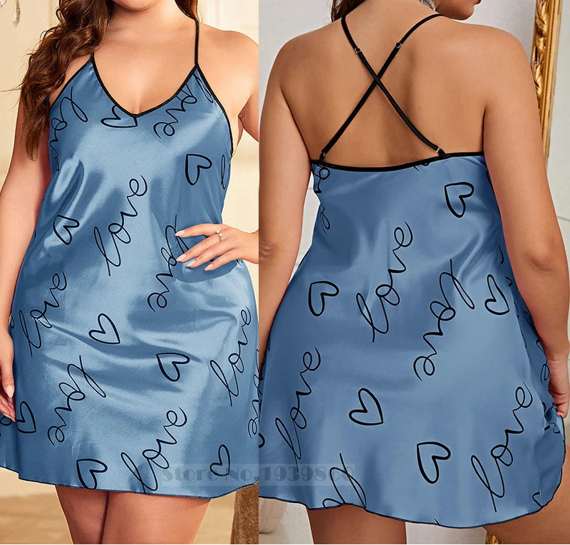 Blue satin nightgown with 'love' and heart patterns worn by a model.