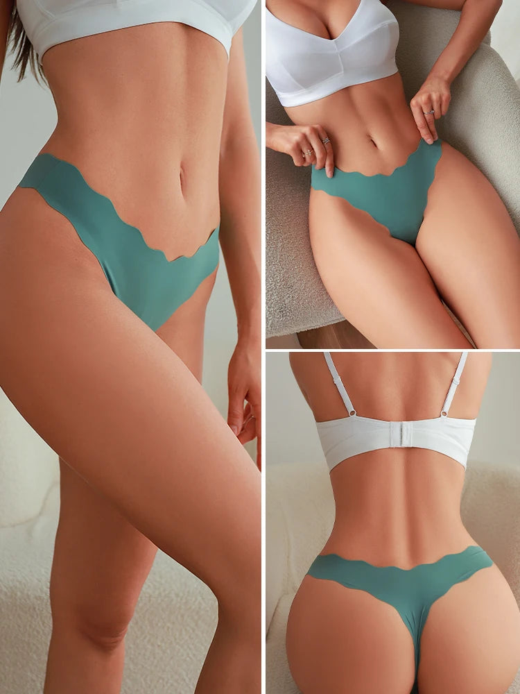 Collage of a person wearing teal underwear and a white bra.